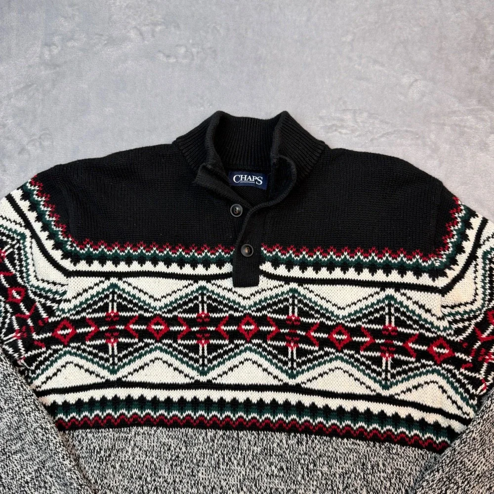 Chaps Sweater Mens Large Black Gray Fair Isle Mock Neck Button Pullover Knit